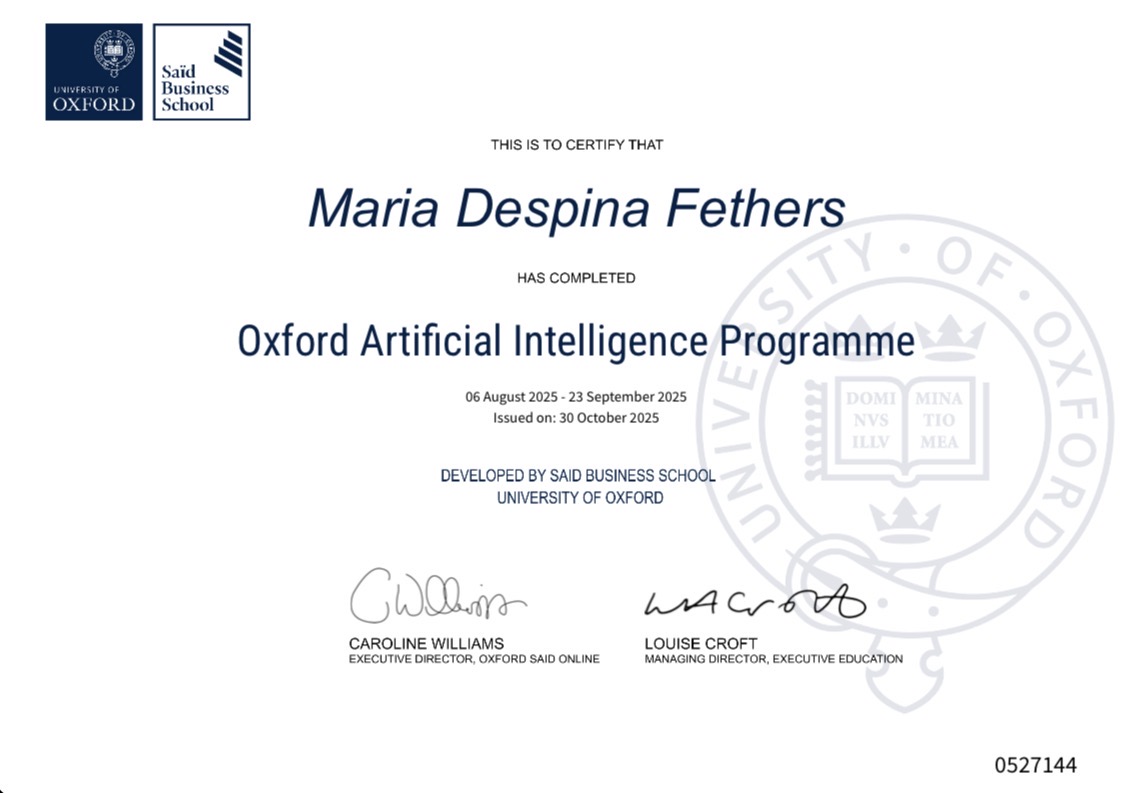 University of Oxford Artificial Intelligence Programme certificate for Maria Despina Fethers, issued 30 October 2025